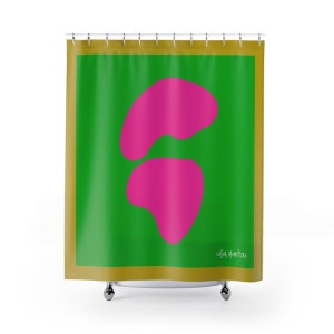 May include: A green shower curtain with a gold border and two pink abstract shapes. The text "Sugar Monsters" is in the bottom right corner.