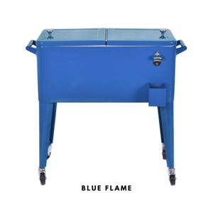 May include: A blue metal cooler with a bottle opener and a small storage compartment. The cooler has two lids, handles, and sits on four legs with wheels. The text "BLUE FLAME" is printed at the bottom.