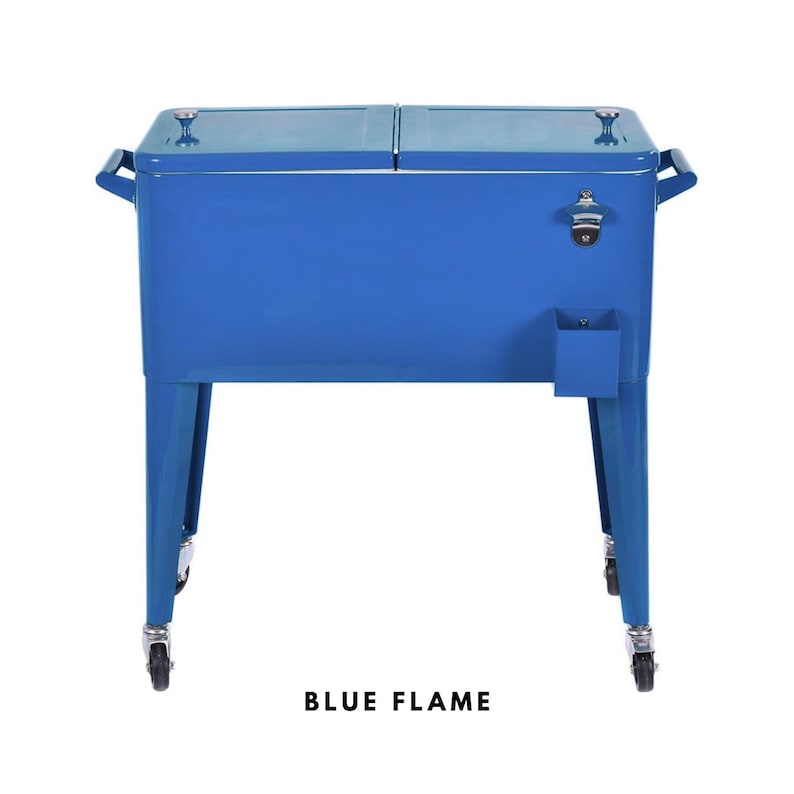 May include: A blue metal cooler with a bottle opener and a small storage compartment. The cooler has two lids, handles, and sits on four legs with wheels. The text "BLUE FLAME" is printed at the bottom.