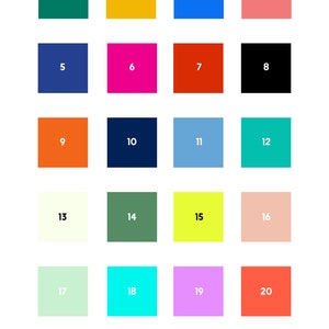 May include: A color chart with 24 numbered color options in square blocks. The text "sugar monsters. COLOR OPTIONS" is at the top. Colors include teal, yellow, blue, pink, orange, black, and more. Each square is a different color.