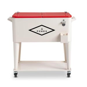 May include: A vintage-style cooler with a red lid and off-white body. It features the text "The POWES" in a black diamond shape. The cooler has a bottle opener, a small storage compartment, and sits on a rolling cart.