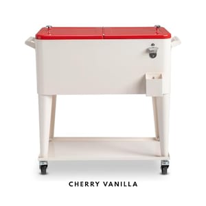 May include: A retro-style cooler on wheels, featuring a cream-colored body and a vibrant red lid. It has a built-in bottle opener and a small storage compartment. The text "CHERRY VANILLA" is displayed at the bottom.