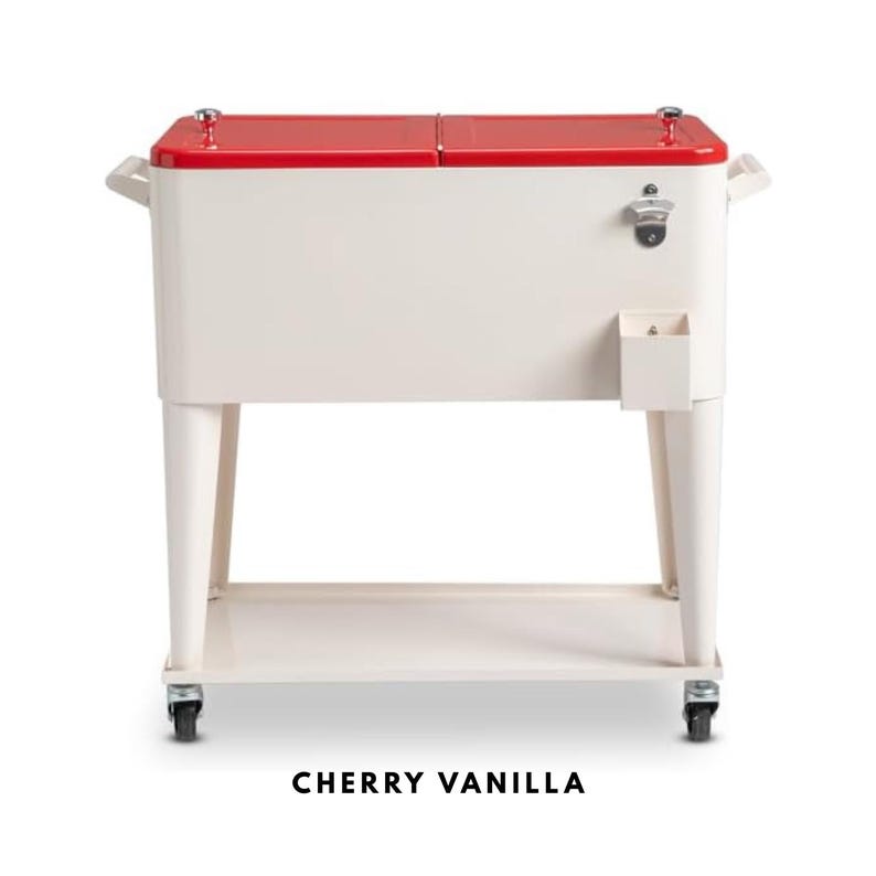 May include: A retro-style cooler on wheels, featuring a cream-colored body and a vibrant red lid. It has a built-in bottle opener and a small storage compartment. The text "CHERRY VANILLA" is displayed at the bottom.
