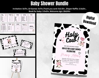 Op de afbeelding: Een digitale downloadbundel voor een babyshower met een koe-thema. De bundel bevat een uitnodiging, 10 spellen, een bedankkaart, een luierspel, een boek voor de baby en een welkomstbord. De uitnodiging toont een roze en zwarte koe met de tekst "Holy Cow!" en de tekst "We are having a baby. Join us for a baby shower celebrating Mary Adams".