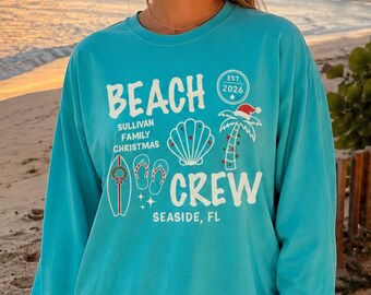 Christmas Beach Crew Shirts, Custom Family Christmas Tees, Matching Holiday Group Long Sleeve With Name, Tropical Xmas Vacation Gifts