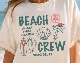 Christmas Beach Crew Shirts, Custom Family Christmas Tees, Matching Holiday Group Shirts With Name, Tropical Xmas Vacation Gifts