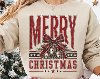 Vintage Christmas Sweatshirt, Retro Merry Christmas Sweater, Plaid Bow Western Holiday Womens Crewneck