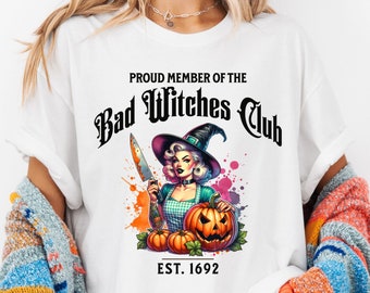 Bad Witches Club Shirt, Halloween Witchy Tshirt, Purple Witch Tee, Salem Girls Trip Shirts, Comfort Colors Retro Witch, Unhinged Shirts