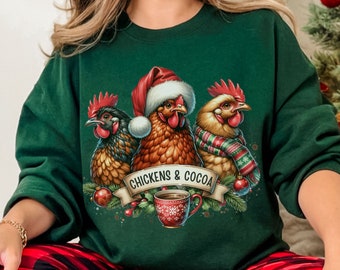 Christmas Chickens Sweatshirt, Farm Holiday Sweater, Christmas Gift for Chicken Lover, Ugly Xmas Sweater, Hot Cocoa Chicken Sweatshirt