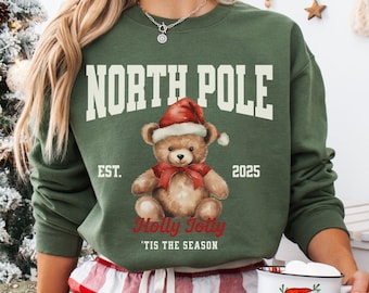 North Pole Bear Sweatshirt, Teddy Bear Christmas Sweater, Hostess Gift, Preppy Holiday Party Sweater
