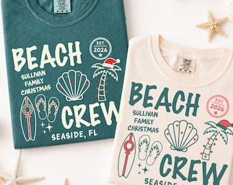 Christmas Beach Crew Shirts, Custom Family Christmas Tees, Matching Holiday Group Shirts With Name, Tropical Xmas Vacation Gifts