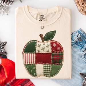 Patchwork Teacher Shirt, Christmas Apple Faux Patch Tee, Teacher Winter Long Sleeve
