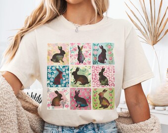 Easter Shirt, Retro Easter Tee, Floral Easter Tshirt, Bunny Graphic Tee, Cottagecore Shirt, Easter Gift, Spring Patchwork T-shirt