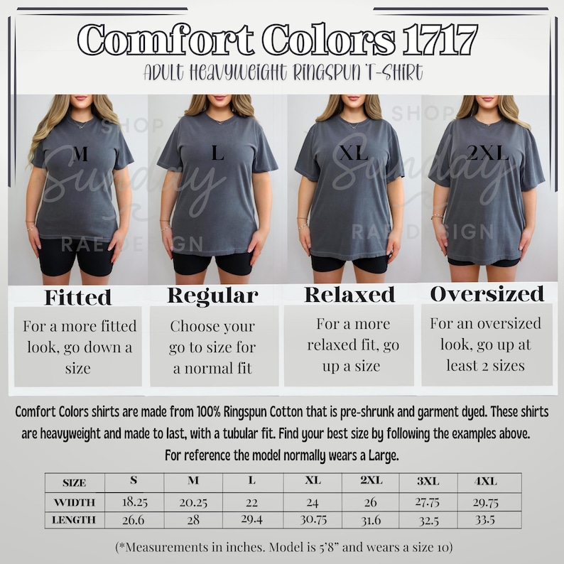May include: A Comfort Colors 1717 adult heavyweight ringspun t-shirt shown in sizes M, L, XL, and 2XL. The chart displays width and length measurements in inches, ranging from 18.25 to 29.75 inches wide and 26.6 to 33.5 inches long for sizes S to 4XL.