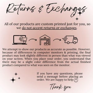 May include: A peach-colored graphic with the words "Returns & Exchanges" in cursive. Text explains custom printing and no returns. Icons show online order, warehouse, and delivery truck. Additional text addresses color variations and customer service.