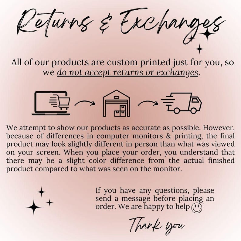 K&ouml;nnte beinhalten: Pfirsichfarbene Grafik mit den Worten "Returns & Exchanges" in Schreibschrift. Der Text erkl&auml;rt den individuellen Druckprozess und die R&uuml;ckgabebedingungen. Symbole f&uuml;r Laptop, Lager und Lieferwagen sind enthalten.
