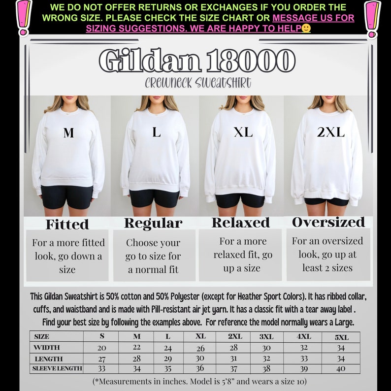 May include: Size chart for Gildan 18000 crewneck sweatshirts. The chart shows measurements in inches for width, length, and sleeve length for sizes S through 5XL. The chart also includes information about the fit of the sweatshirt, which is described as fitted, regular, relaxed, or oversized.