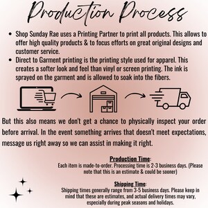 May include: A diagram illustrating the production process for printed apparel. The process starts with an order placed online, then moves to a printing partner, and finally ships to the customer. The text explains that the printing process uses direct-to-garment printing, which creates a softer look and feel than vinyl or screen printing. The text also mentions that the processing time is 2-3 business days and shipping time is 3-5 business days.