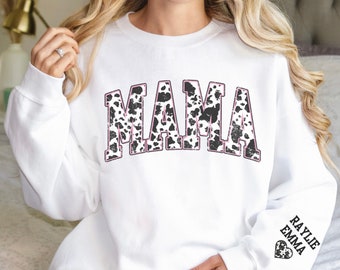 CUSTOM Western Mom Sweatshirt, Country Mama Sweater, Personalized Mom Sweatshirt with Kids Names on sleeve, Gift for mom, Cow Print Sweater