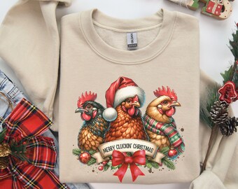 Christmas Chickens Sweatshirt, Farm Holiday Sweater, Gift for Chicken Lover, Ugly Xmas Sweater, Merry Cluckin Christmas Crewneck