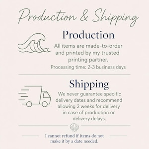May include: An informational graphic titled Production & Shipping with dark blue text on a light background. It features a wave icon, a delivery truck icon, and a seashell icon, detailing made-to-order processes and delivery expectations.