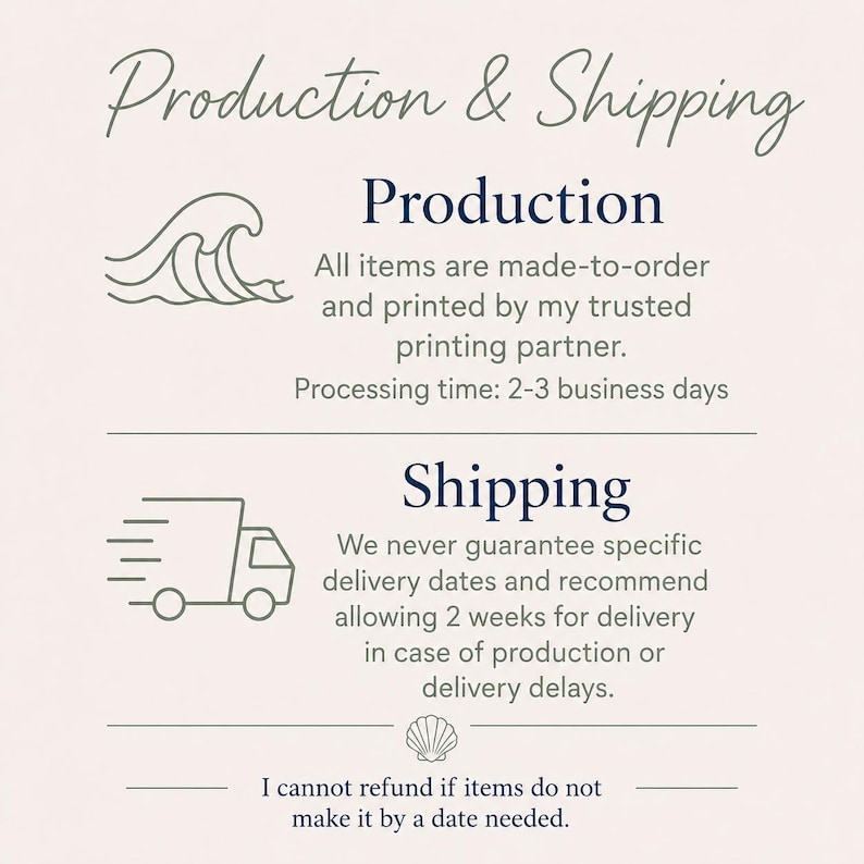 May include: An informational graphic titled Production & Shipping with dark blue text on a light background. It features a wave icon, a delivery truck icon, and a seashell icon, detailing made-to-order processes and delivery expectations.