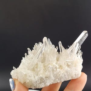 Può includere: Un gruppo di cristalli di quarzo trasparenti con una base bianca ruvida. I cristalli sono appuntiti e hanno un aspetto naturale e grezzo.