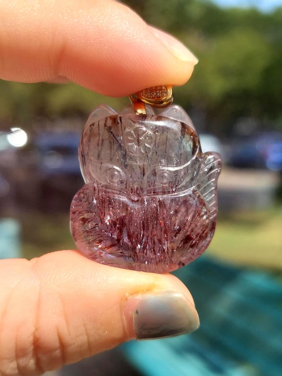 Unique 18K Super seven Higanbana with Golden Rutilated, High Grade healing stone Super7 Crystals,Lepidocrocite in Crystals 超级七水晶紫莓彼岸花狐仙吊坠