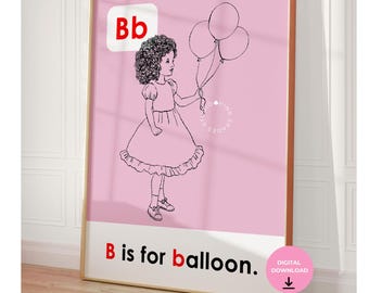 Black Art Vintage ABC Flashcard Art Print, B is for Balloon (Digital Download)