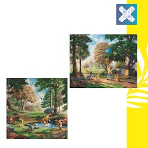 May include: Two paintings depicting a whimsical forest scene with characters from Winnie the Pooh. The first painting shows Winnie the Pooh and Piglet walking through the forest. The second painting shows Winnie the Pooh and Tigger playing with a blue balloon.