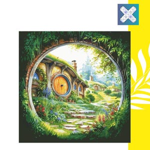 Kreuzstich Stickmuster PDF ""Das Shire Hobbitland"" , DMC 135 Solid Colors, 450w X 450h Stiche, Größe beim 18th Count: 64w x 64h cm"