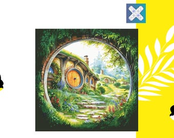 Cross Stitch Pattern PDF &quot;The Shire Hobbitland&quot; , DMC 135 Solid Colors, 450w X 450h Stitches, Size on 18th Count: 64w X 64h cm (25w&quot; X 25h&quot;)