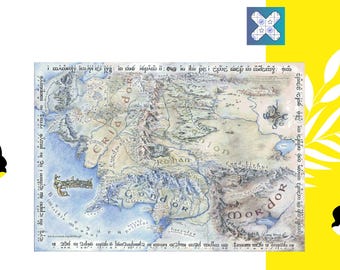PDF Cross Stitch Pattern &quot;Old Middle Earth Map&quot; DMC 188 Solid Colors 640w X 445h Stitches, Size on 18th Count 91w X 63h cm (36w&#39; X 25h&#39;)