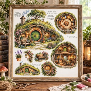 May include: A framed cross-stitch embroidery depicting a Hobbit Hole with a green door, stone chimney, and floral garden. The artwork includes text labels like 'Hobbit Hole', 'Built into a hill', 'Natural materials', and 'Garden is full of flowers'.