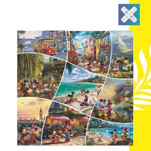 Op de afbeelding: Een kleurrijke puzzel met Mickey Mouse en Minnie Mouse in verschillende scènes. De puzzelstukjes zijn in een rasterpatroon gerangschikt, waarbij elke scène een andere locatie voorstelt, zoals een straat in de stad, een strand en een park. De puzzel bestaat uit 1000 stukjes.