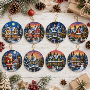 May include: Eight round Christmas ornaments featuring colorful winter scenes, including houses with snow-covered roofs, a church, a snowman, and Santa Claus. Each ornament has a gold hanging loop and displays detailed holiday landscapes.
