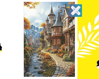 Medieval Village Cross Stitch Pattern: Detailed Town Scene, DMC PatternKeeper Compatible, Instant Download