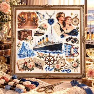 Könnte beinhalten: Ein gerahmtes Kreuzstich-Stickbild mit einer Collage aus Titanic-Motiven, darunter ein großer Ozeandampfer, ein Paar, eine blaue herzförmige Halskette, ein Eisberg, ein Schiffssteuerrad, ein Kompass, ein Fernglas, ein Rettungsring und altes Gepäck.