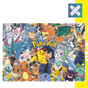 May include: A vibrant collage featuring numerous Pokémon characters, including Pikachu, Charizard, and Squirtle. The word "Pokémon" is prominently displayed. The background is a mix of white and yellow, with decorative floral elements.