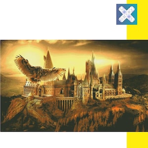 May include: A digital painting of Hogwarts School of Witchcraft and Wizardry, a large, imposing castle with many towers and spires, set against a dramatic sunset sky. An owl is flying in front of the castle.