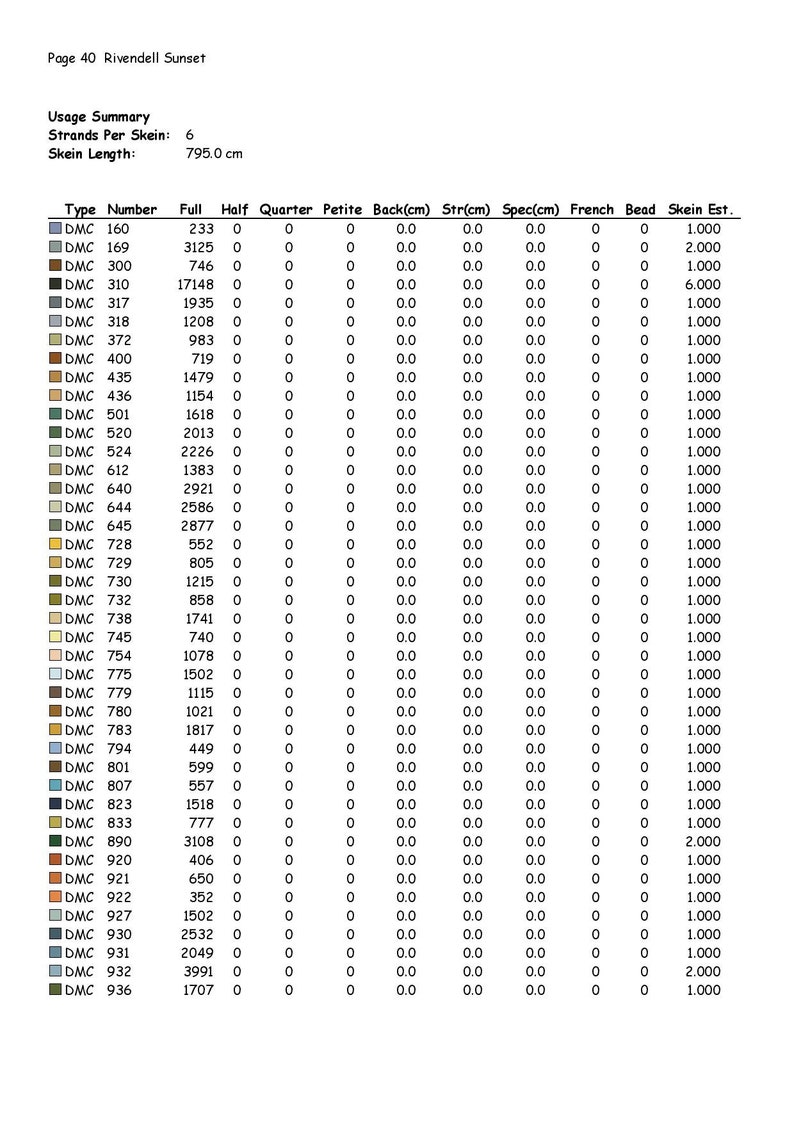 PDF Cross Stitch Pattern rivendell Sunset DMC 88 Solid/blended Colors