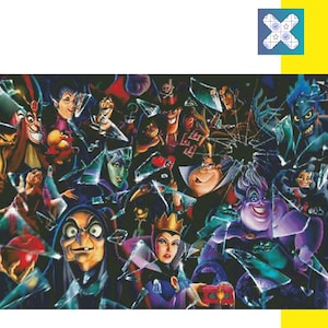 May include: A colorful illustration of various Disney villains, including Maleficent, Ursula, and Cruella de Vil, surrounded by broken glass.