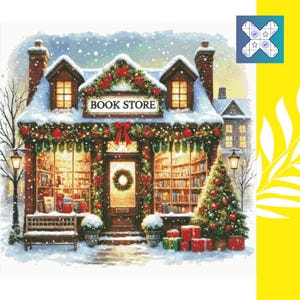 May include: Watercolor illustration of a snow-covered bookstore decorated for the holidays. The building has a sign that reads "BOOK STORE" above the entrance, with a wreath on the door and a Christmas tree to the right.