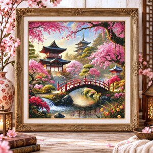 山の周りの桜、アクリル画風景春のアート、ピンクの花のアート、小さな