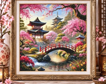 Patrón de punto de cruz Jardín Japonés: Paisaje Oriental, DMC, compatible con PatternKeeper, descarga instantánea.
