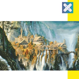 以下が含まれることがあります： 山腹に建てられた中世の都市と、崖から流れ落ちる滝を描いたファンタジーイラスト。都市は石と木でできており、橋がさまざまな建物を繋いでいます。空は曇り、緑豊かな森の中にあります。