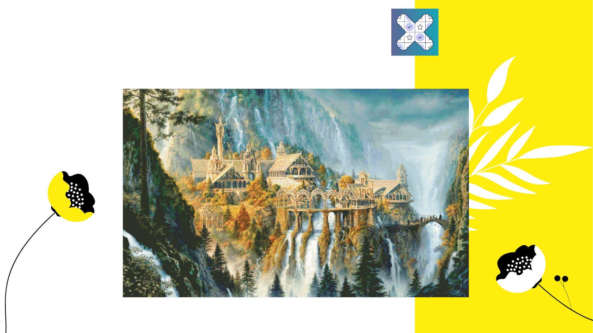PDF Cross Stitch Pattern "Rivendell Sunset" DMC 88 Solid/Blended Colors  498w X 300h Stitches, Size on 18th Count 71w X 43h cm (28w' X 17h')