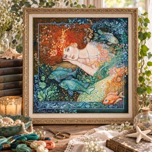Könnte beinhalten: Ein gerahmter quadratischer Kunstdruck mit einer detaillierten Illustration einer Person mit langem rotem Haar, umgeben von blauen und orangefarbenen Fischen, Wasserpflanzen und Perlen. Das Bild befindet sich in einem verzierten Goldrahmen.