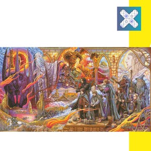 May include: A colorful painting depicting a scene from the Lord of the Rings. The image features a group of characters standing in front of a large, imposing structure. The characters are dressed in various costumes and are holding weapons. The background is a mix of bright colors and swirling patterns.