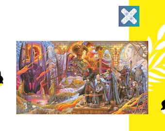 May include: A colorful painting depicting a scene from the Lord of the Rings. The image features a group of characters standing in front of a large, imposing structure. The characters are dressed in various costumes and are holding weapons. The background is a mix of bright colors and swirling patterns.